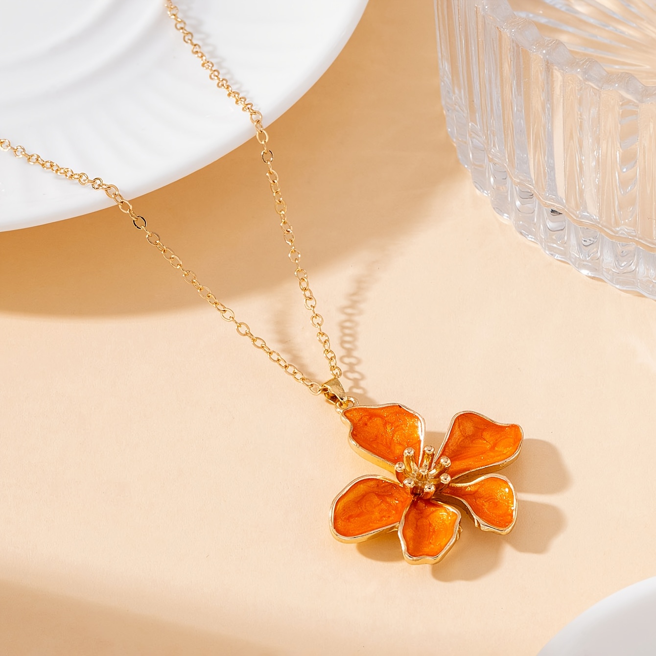 Handmade White, Pink, and Orange Enamel Five-Petal Flower Necklace